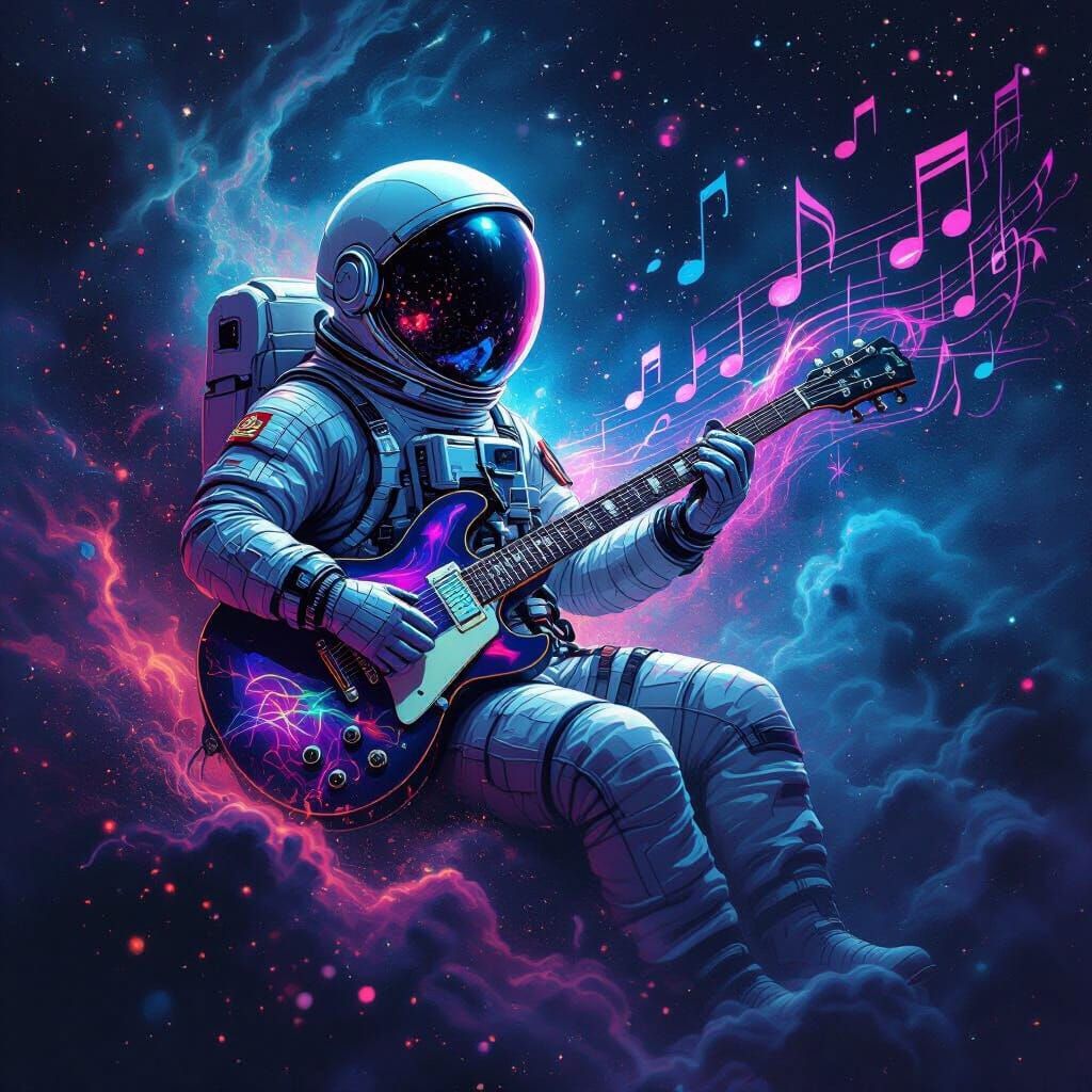 Astronaut with Spectral Guitar in Biomechanical Nebula