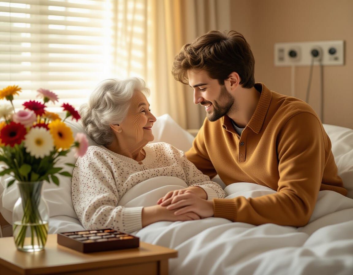 Tender Moment: Man Holds Grandmother's Hand in Hospital