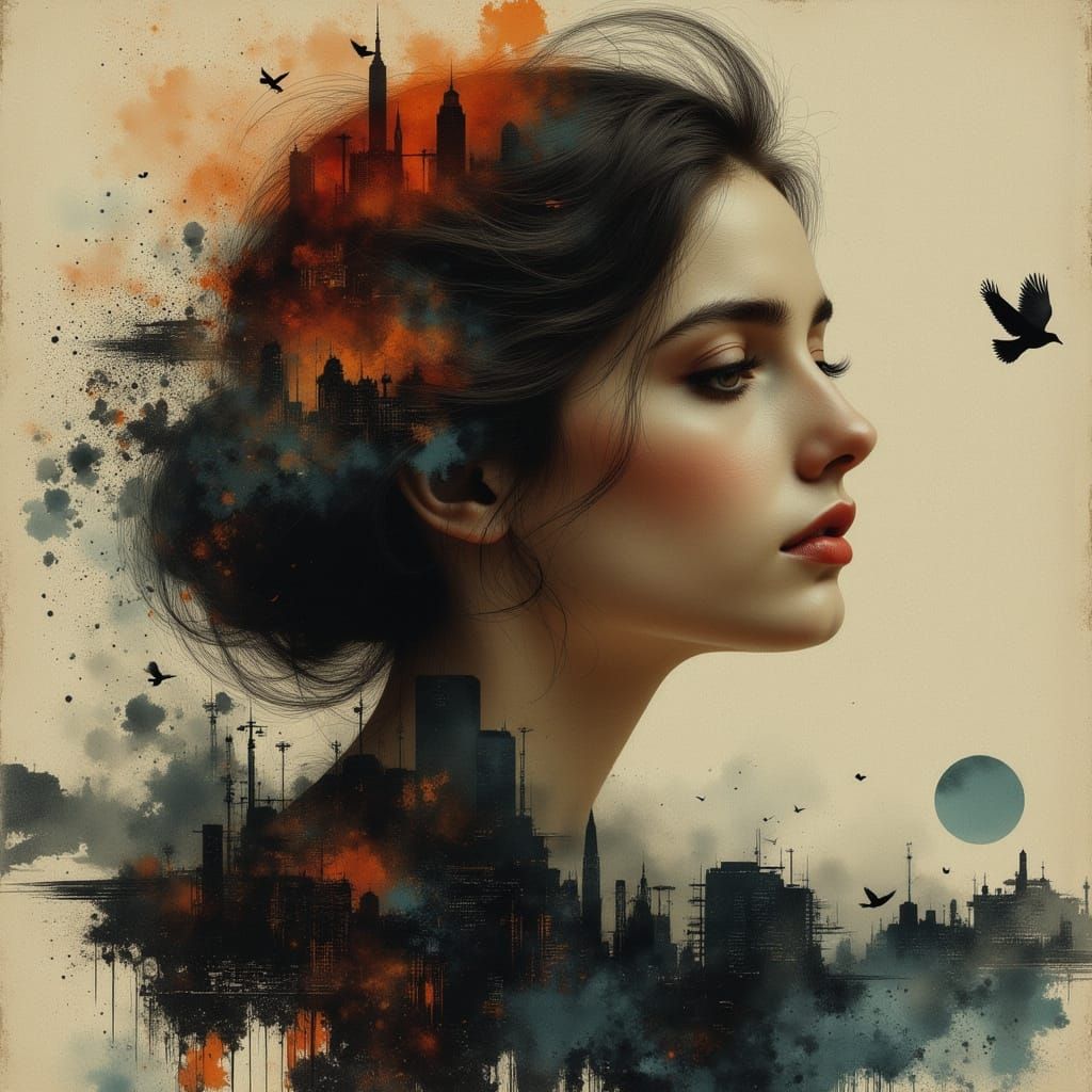 Woman's Contemplative Face at Dusk, Double Exposure