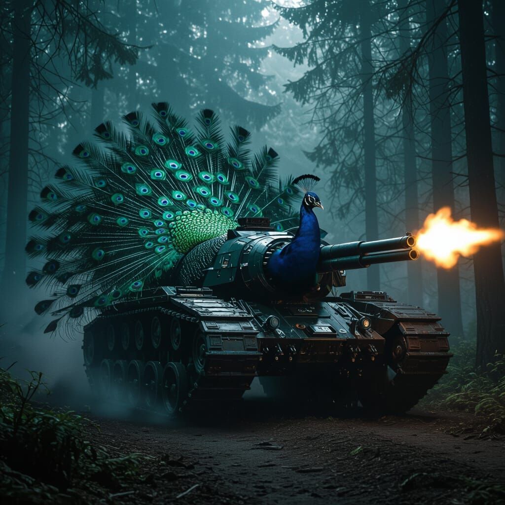 Peacock-Tank Hybrid Prowls Ominous Forest