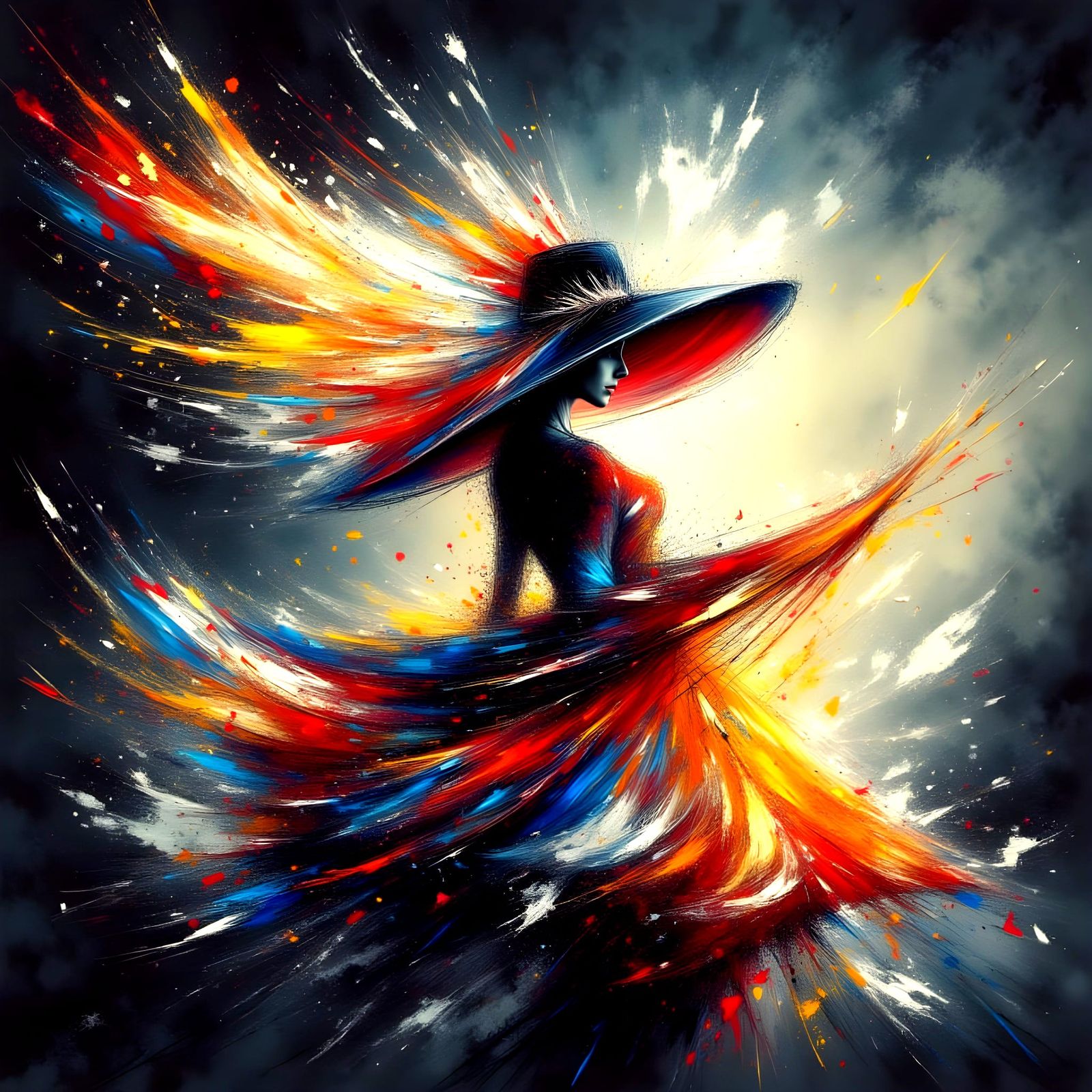 Elegant Lady in Red Hat: Abstract Expressionist Line Drawing