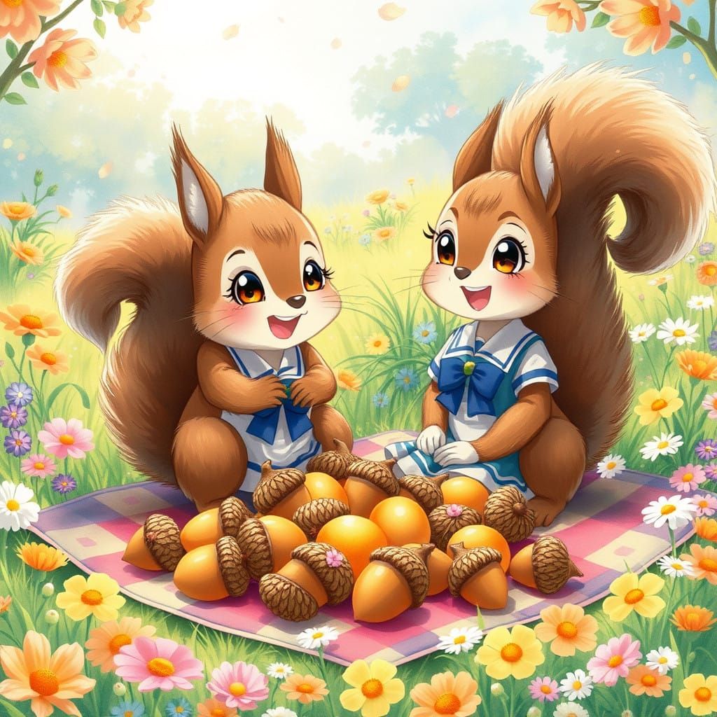Whimsical Anime Squirrels Gather Golden Acorns in Sun-Drench...