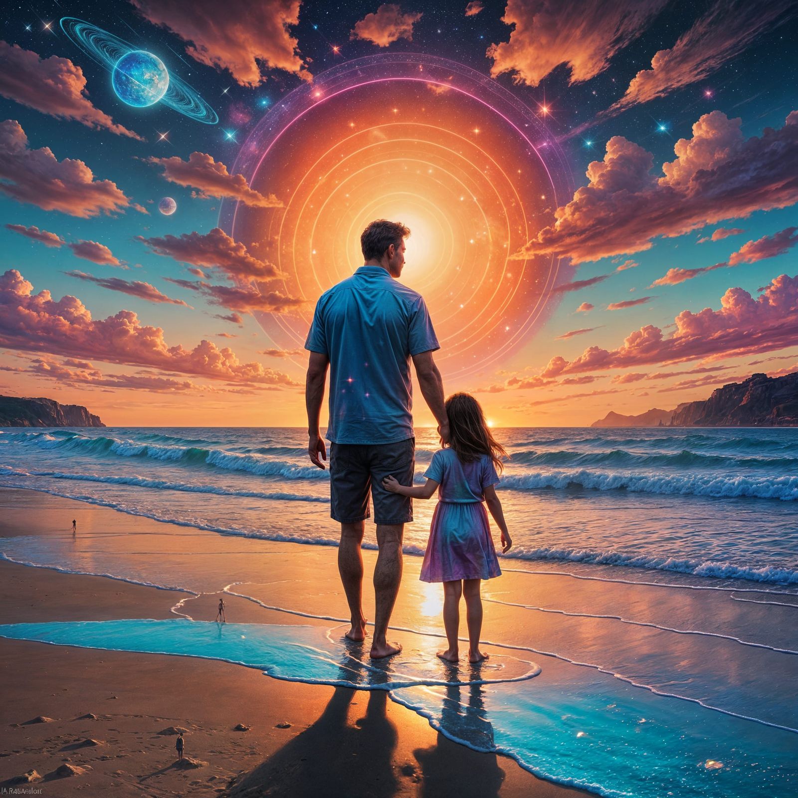 Father and Daughter Embrace the Cosmic Sunset on a Beach