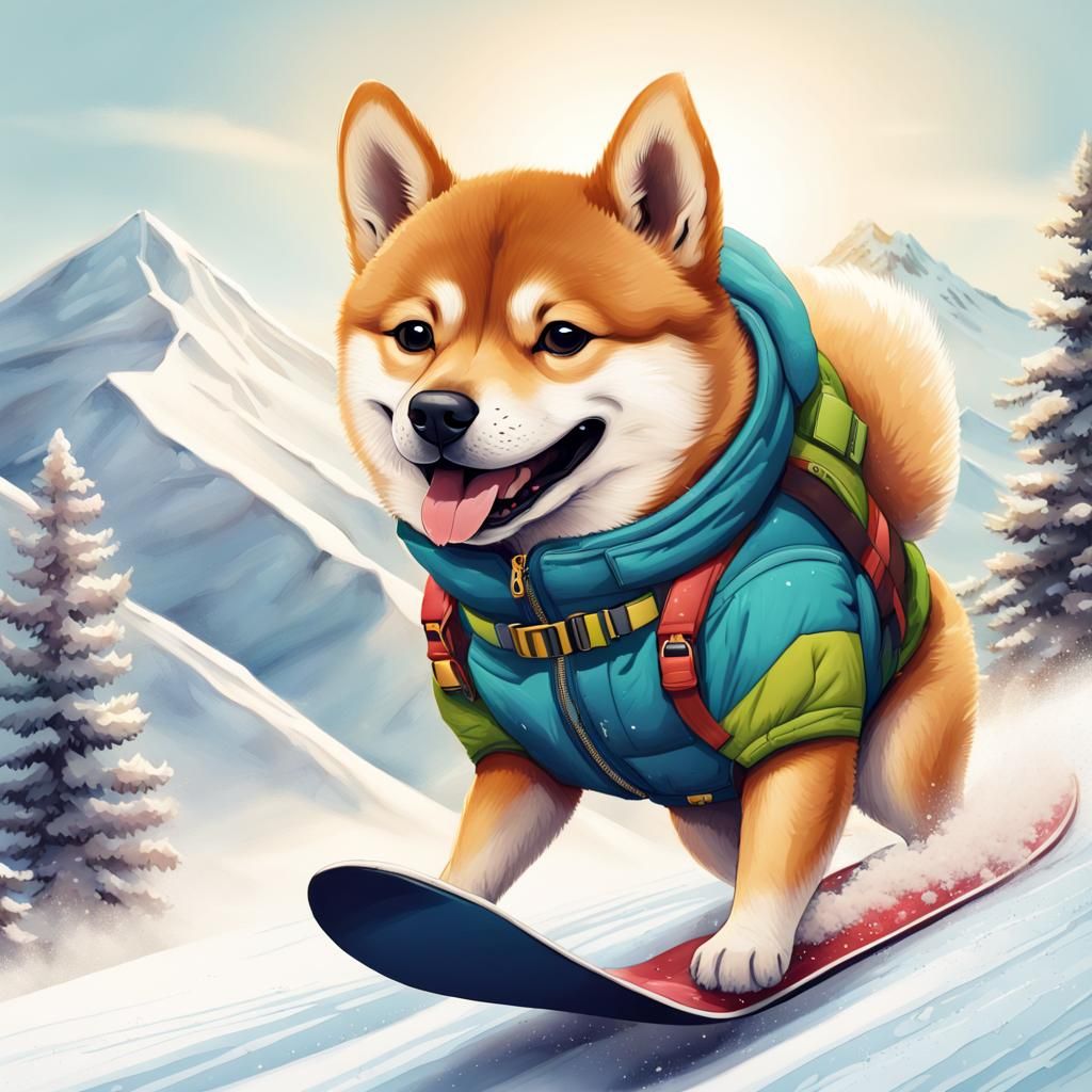 Joyful Shiba Inu Snowboards Down Fuji Mountain in Vibrant Co...