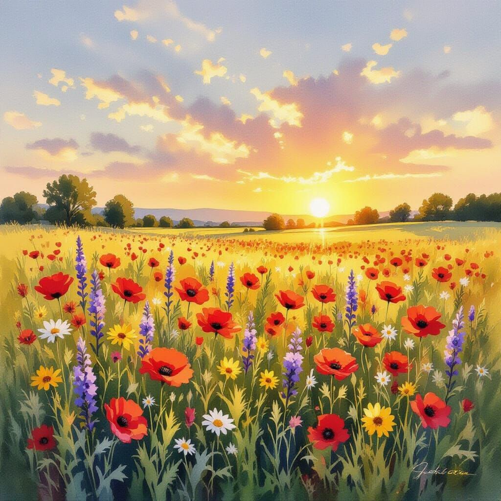 Wildflower Field at Sunset in Watercolor Style