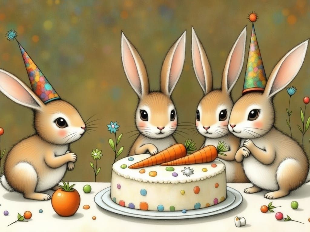 Bunnies in Party Hats Gather Around Whimsical Carrot Cake