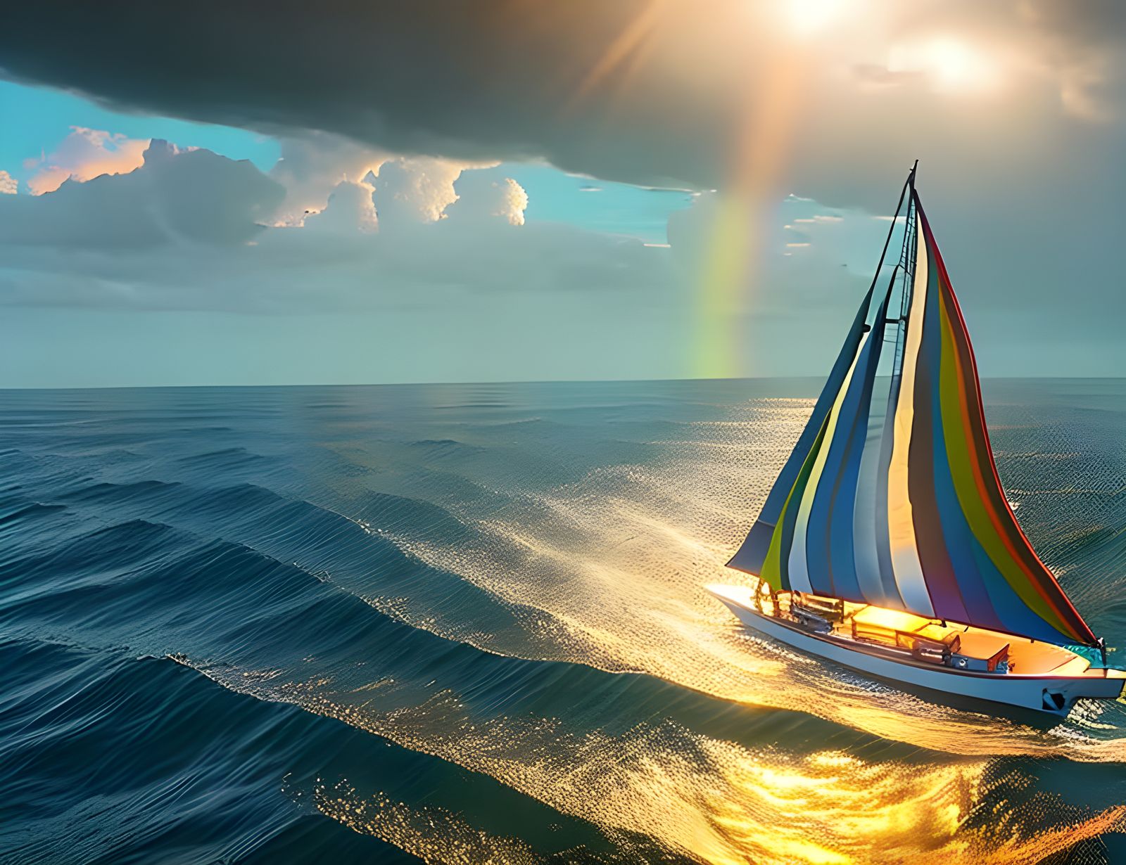 Vibrant Rainbow Sails Across Epic Oceanic Landscape in 3D Ci...