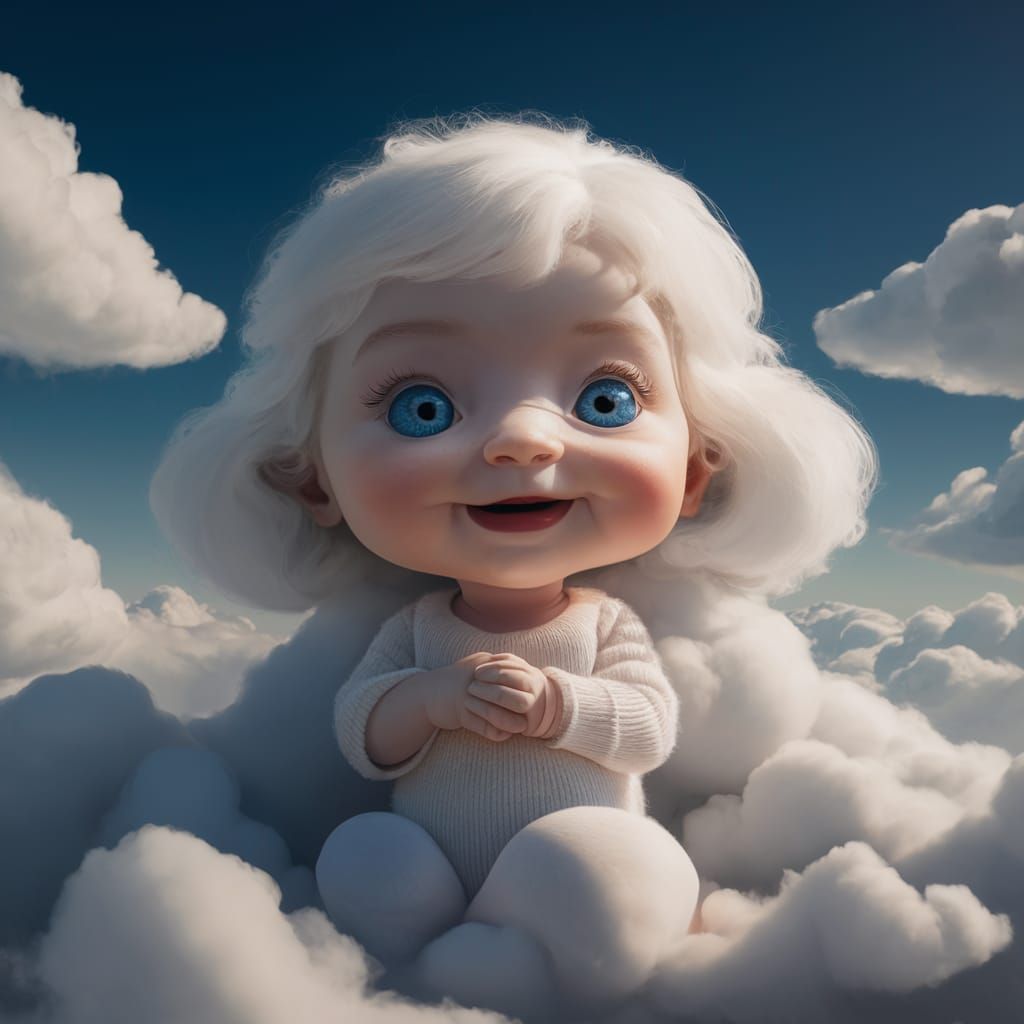 Newborn Cloud Seeks Mother in Blue Sky Oil Painting