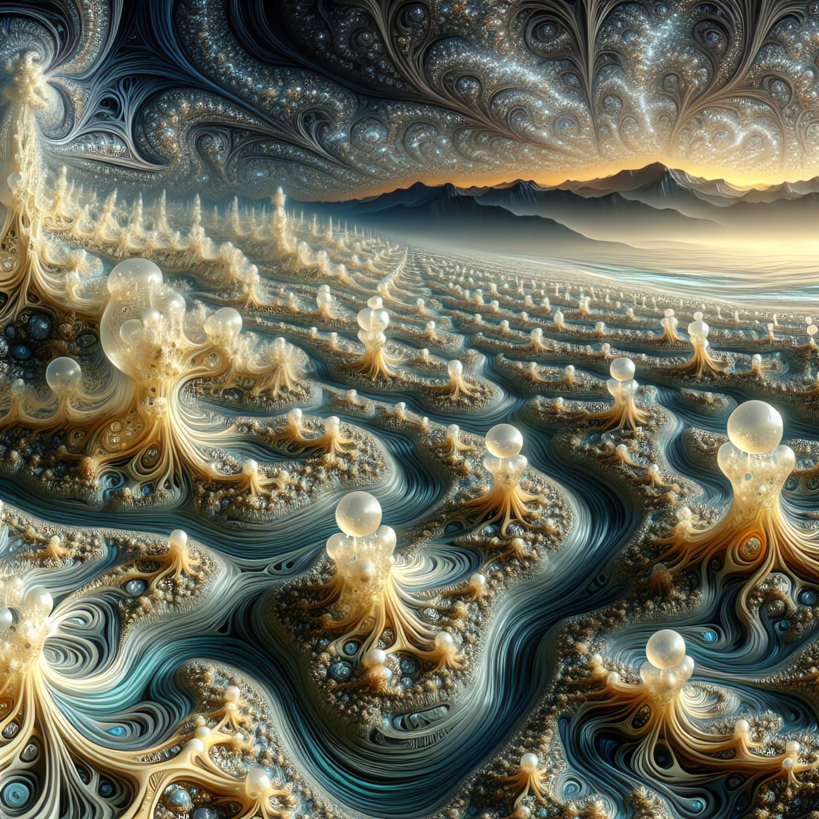 Surreal Fractal Landscape Unveils Ancient Rhythms and Quarks