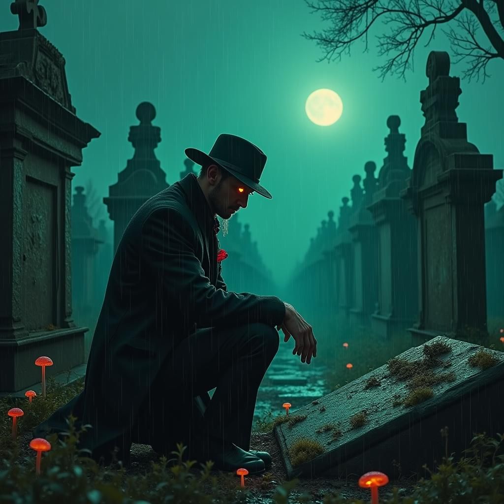 Mysterious Figure Contemplates Ancient Grave in Haunting Cem...