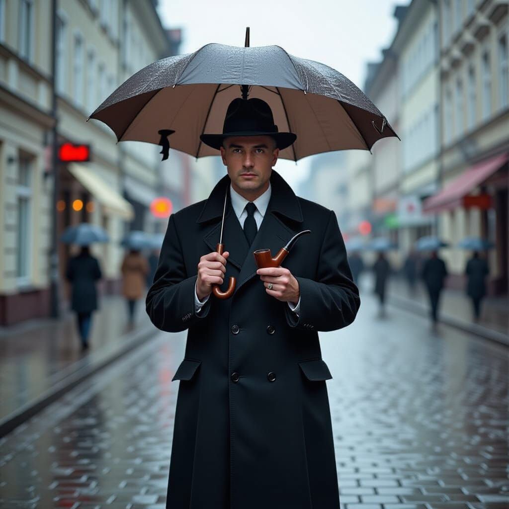 East German Man with Umbrella in Photorealistic Style