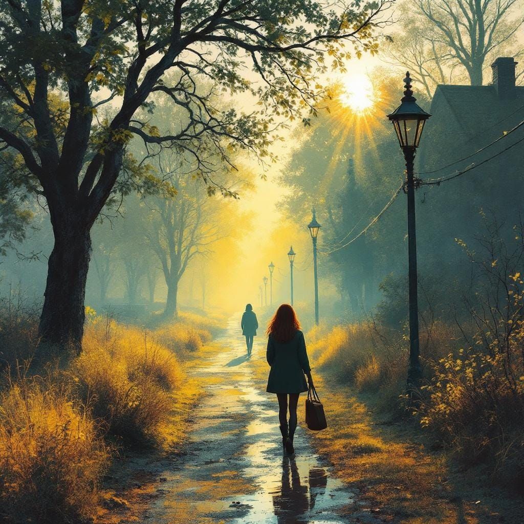 Atmospheric Digital Painting of Woman in Quiet Street