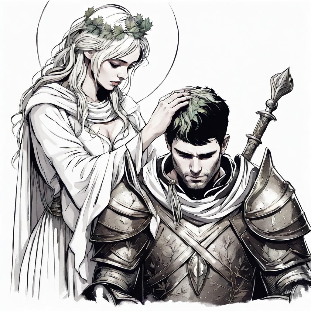 Fantasy Priestess Blesses Brave Warrior in a Land of Enchant...