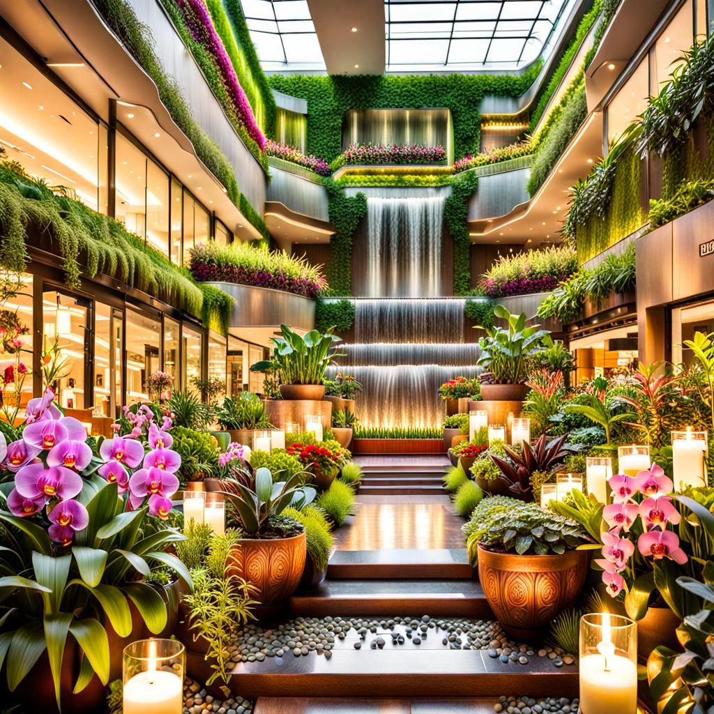 Serene Urban Oasis with Vibrant Greenery and Glowing Candlel...