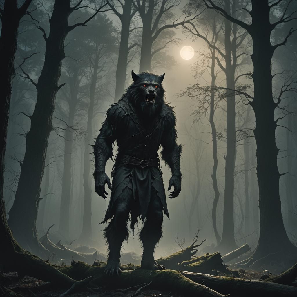 Hauntingly Beautiful Werewolf in Ancient Forest