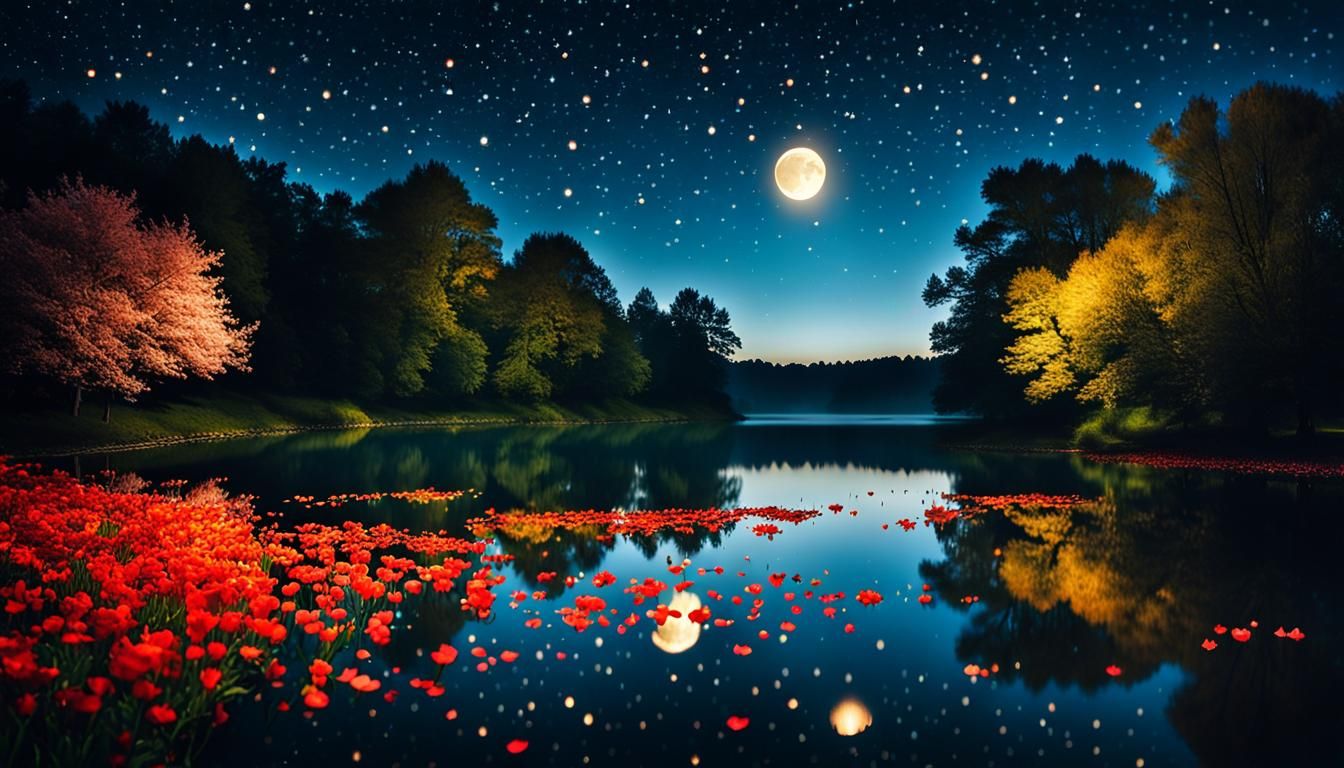 Serene Nighttime Lake Scene with Blooming Flowers