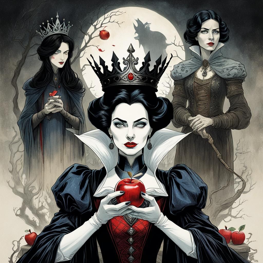 The Evil Queen chooses a red apple for Snow White.