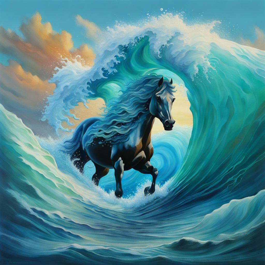 Surreal Wave Horse Emerging from Ocean Depths in a Fantasy G...