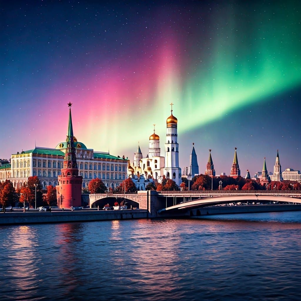Majestic Moscow Cityscape Under Aurora Borealis