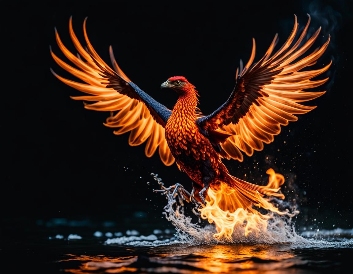 Phoenix Ascends from Ominous Waters into Blazing Inferno