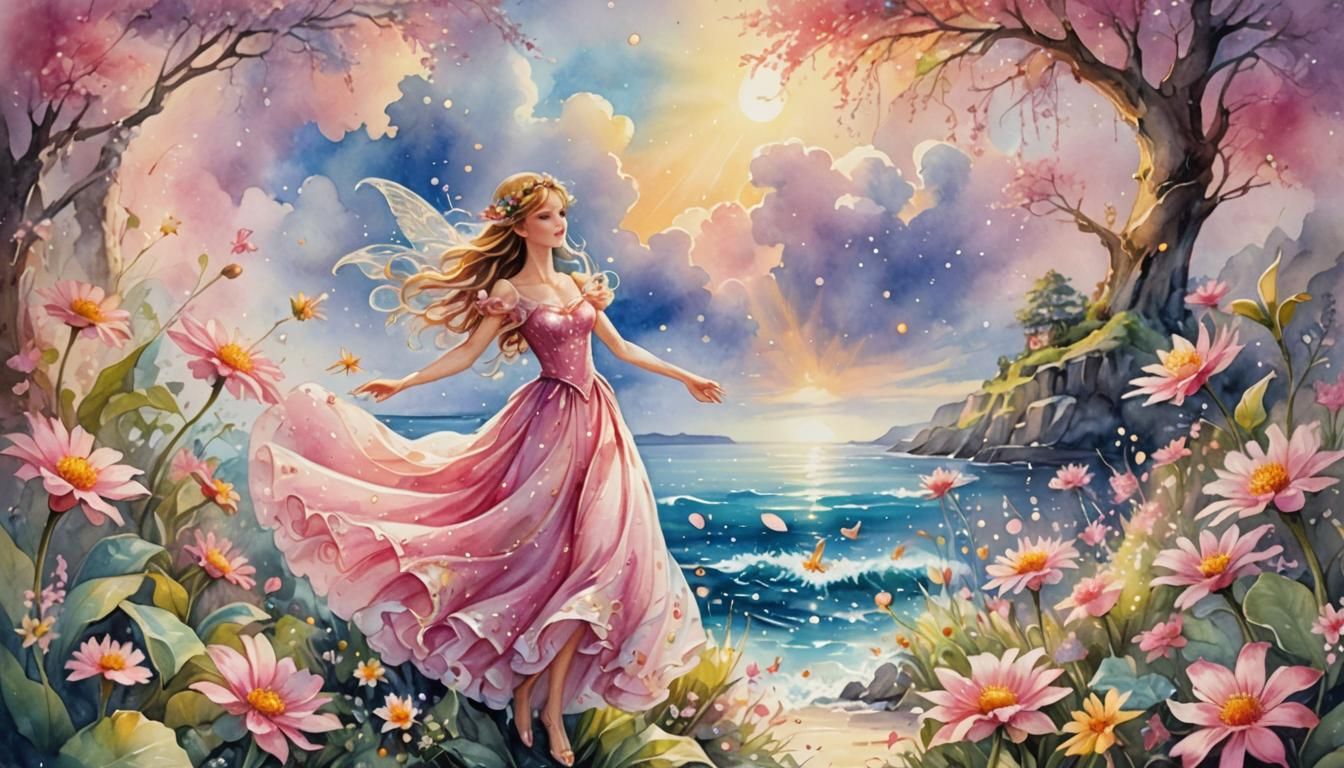 Fantasy Seaside Watercolor Painting of an Enchanted Fairy