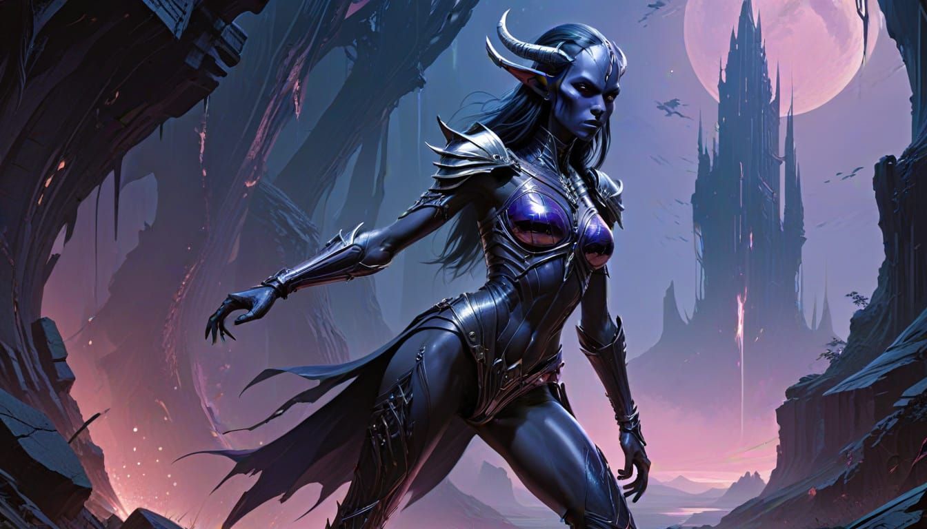 Regal Dark Elf Warrior in Midnight-Blue Leather Armor