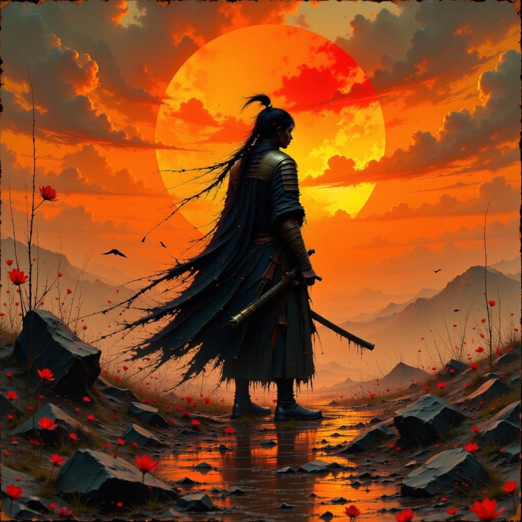 Samurai Silhouette Against Rising Sun in Cinematic Style