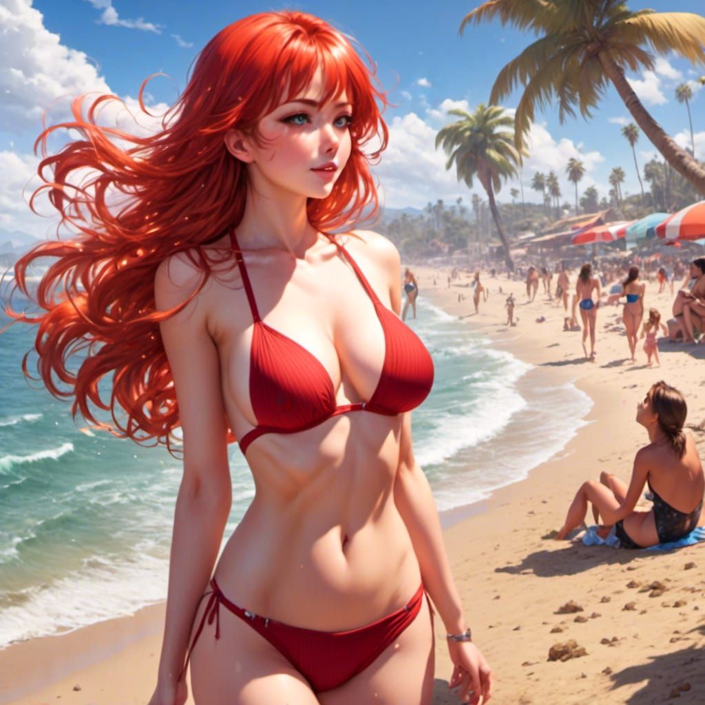 Gorgeous tall redhead anime babe in tiny red bikini