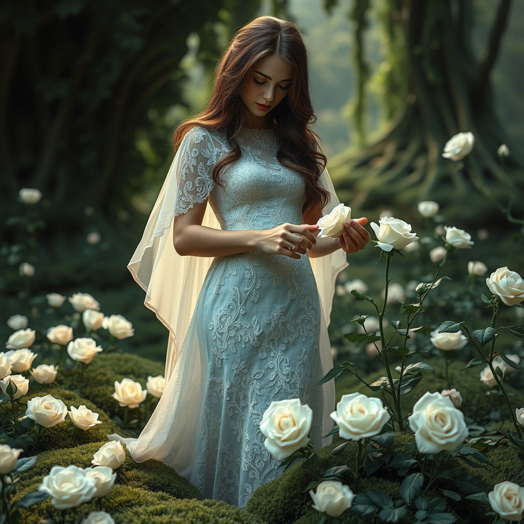 Ethereal 1960s Woman in Mystical Garden with Velvet Moss and...