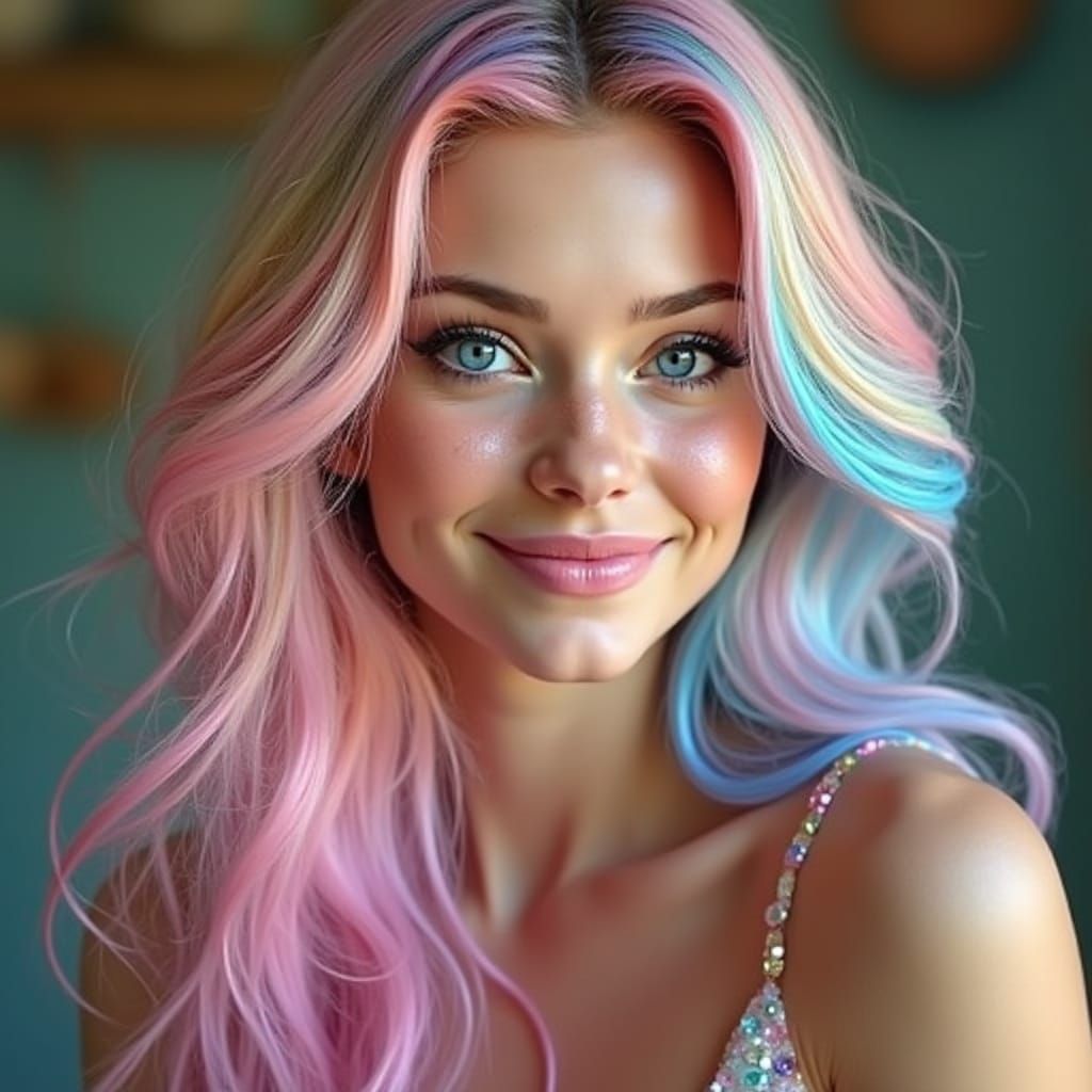 Vibrant Woman in Pastel Rainbow Candy Hair, Sparkling Blue E...