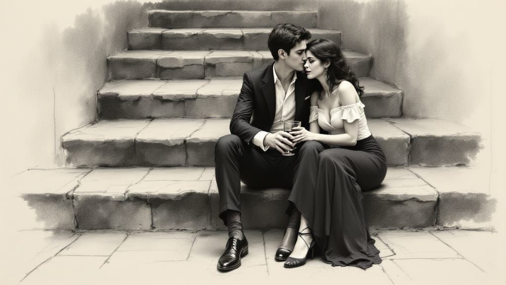 Couple on Stone Steps Charcoal Sketch