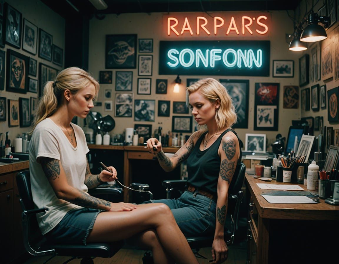 Surreal Neon Tattoo Studio Scene with Blonde Tattoo Girl