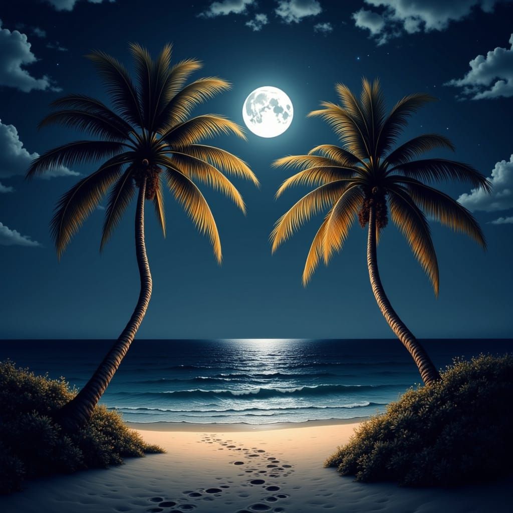 Magical Moonlit Beach at Night with Palm Trees