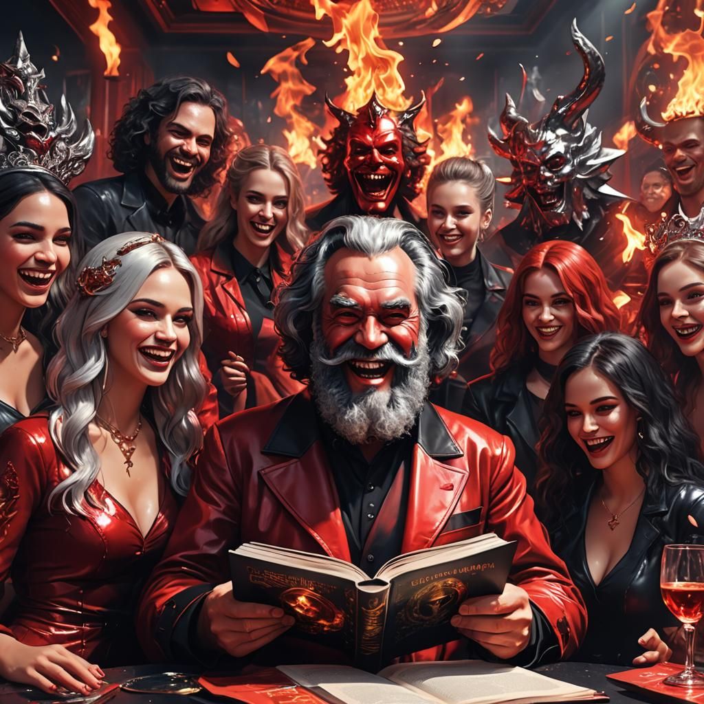 Satanic Karl Marx reads "Das Kapital" in demonic nightclub
