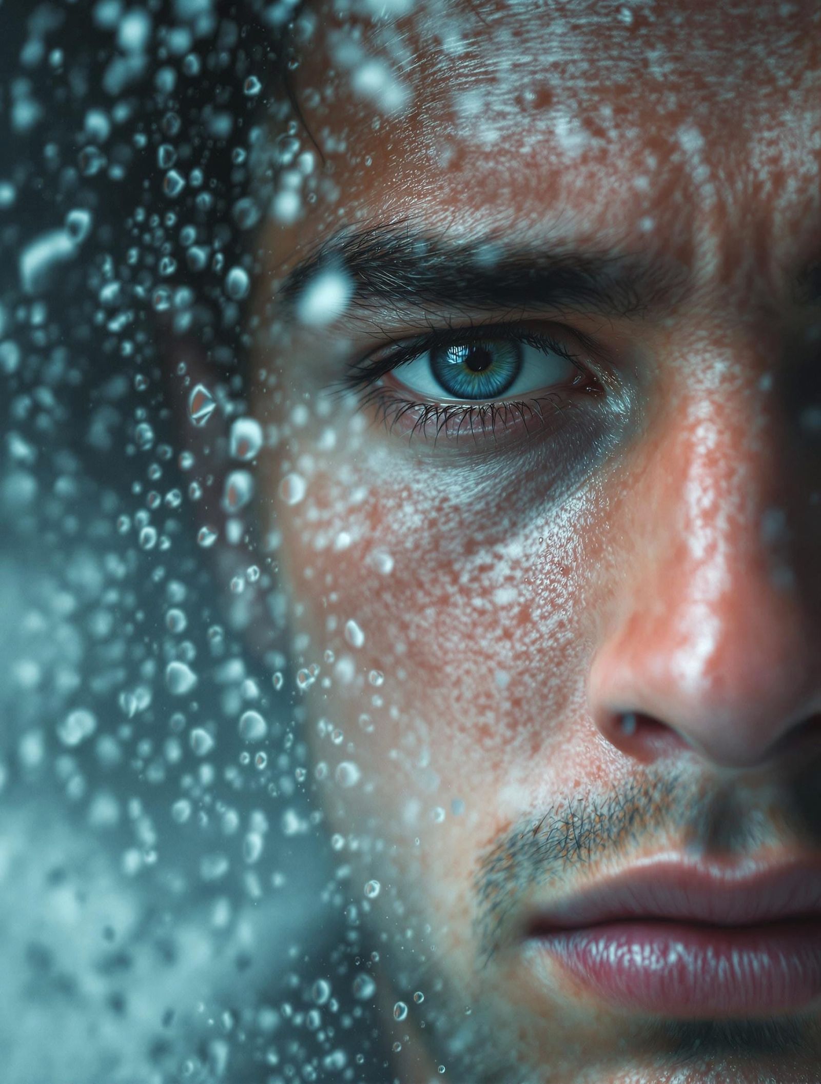 Cinematic Portrait of a Sad Young Man Through Wet Glass