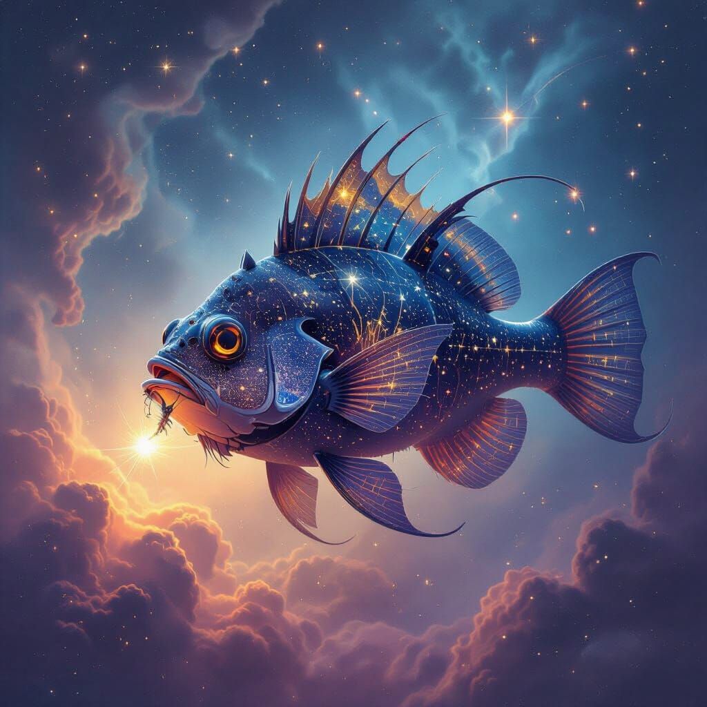 Celestial Anglerfish in Nebula, Hyperrealistic Art Nouveau