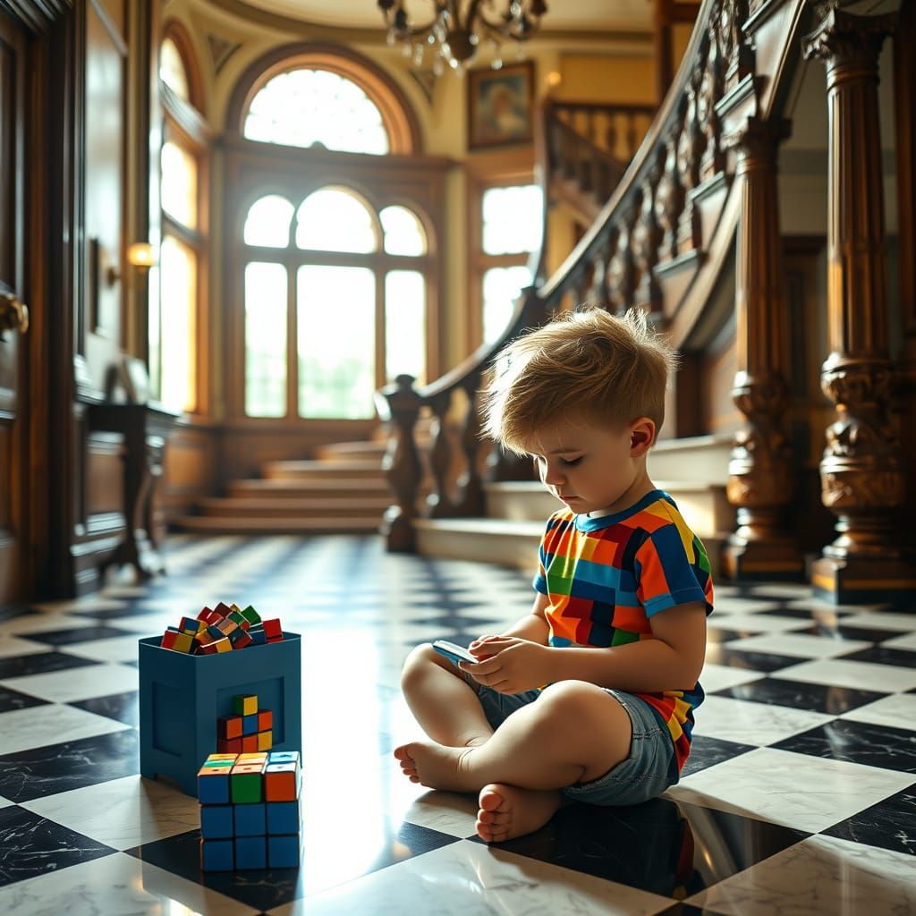 Grand Victorian Foyer with Chessboard Marble Tiles and Grand...