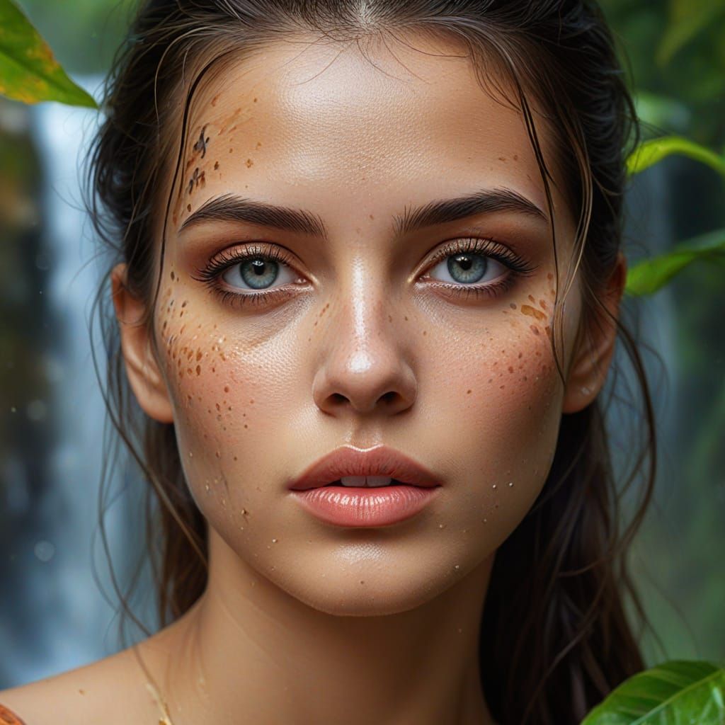 Mysterious Beauty: Hyperrealistic Portrait with Jungle Water...