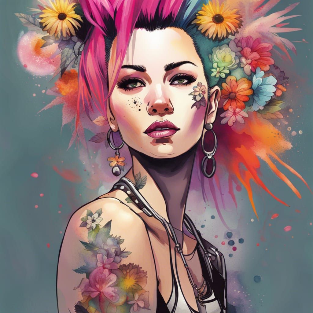 Punk-Rock Floral Goddess in Watercolor Line Art