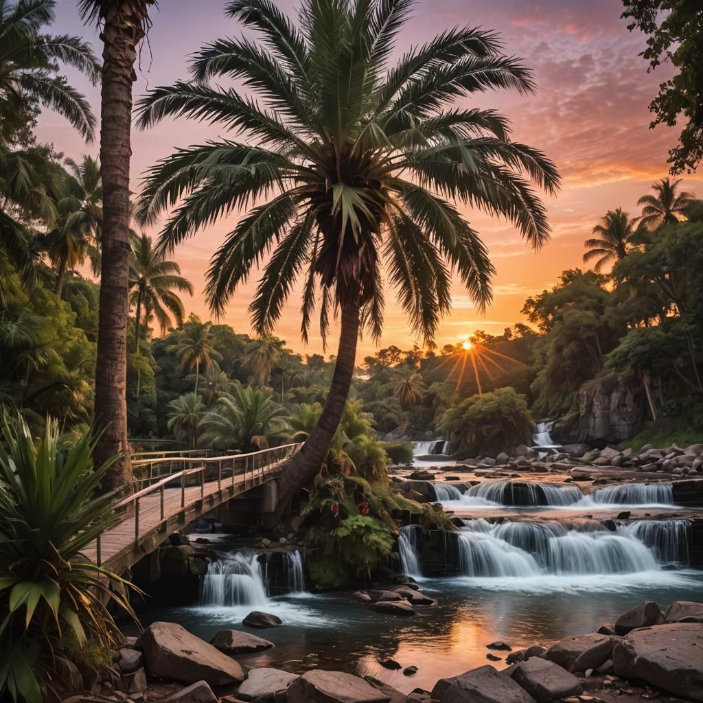 Vibrant Sunset Bridge Over Majestic Waterfall