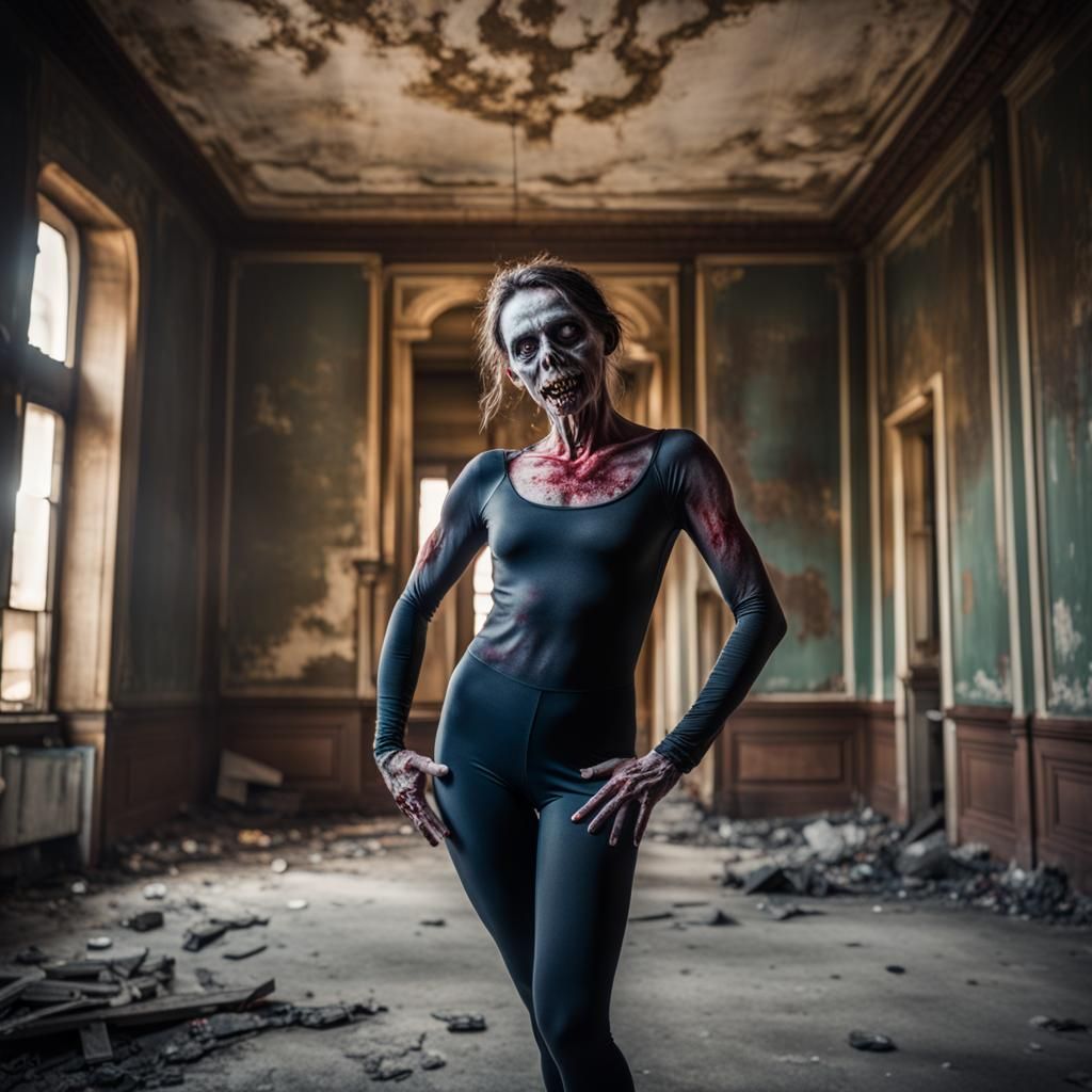 Ethereal Zombie Woman Unveiled in Haunting Mansion Hues