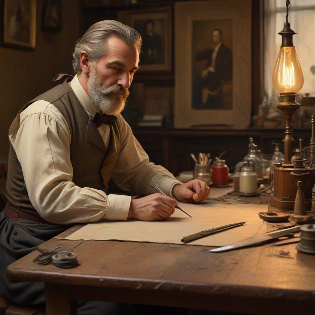 19th Century Tailor at Work as Oil Painting