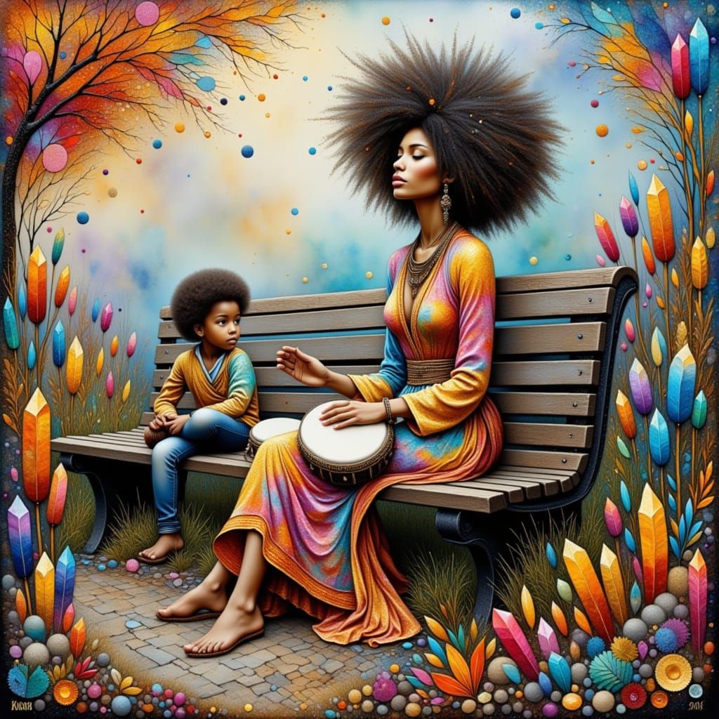 Surrealist Bohemian Woman Plays Bongos in Vibrant Park Scene