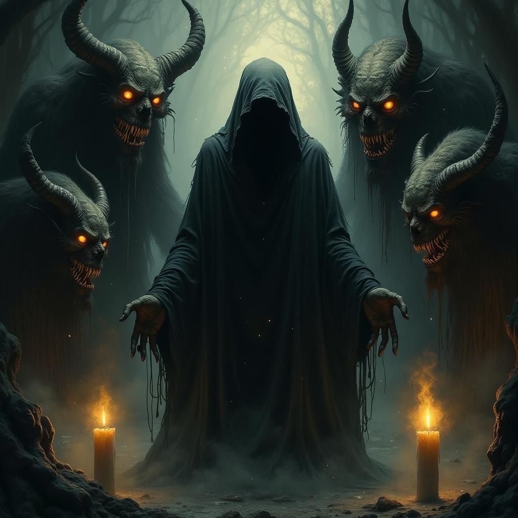 Dark Figure Tormented by Grotesque Demons in an Abyss of Mad...