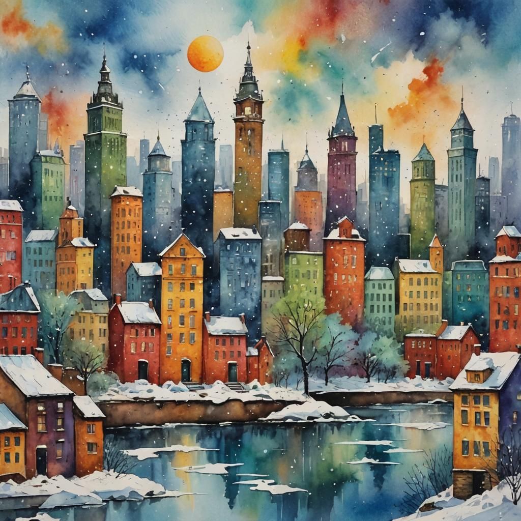 City profile with buildings of different colors painted with...