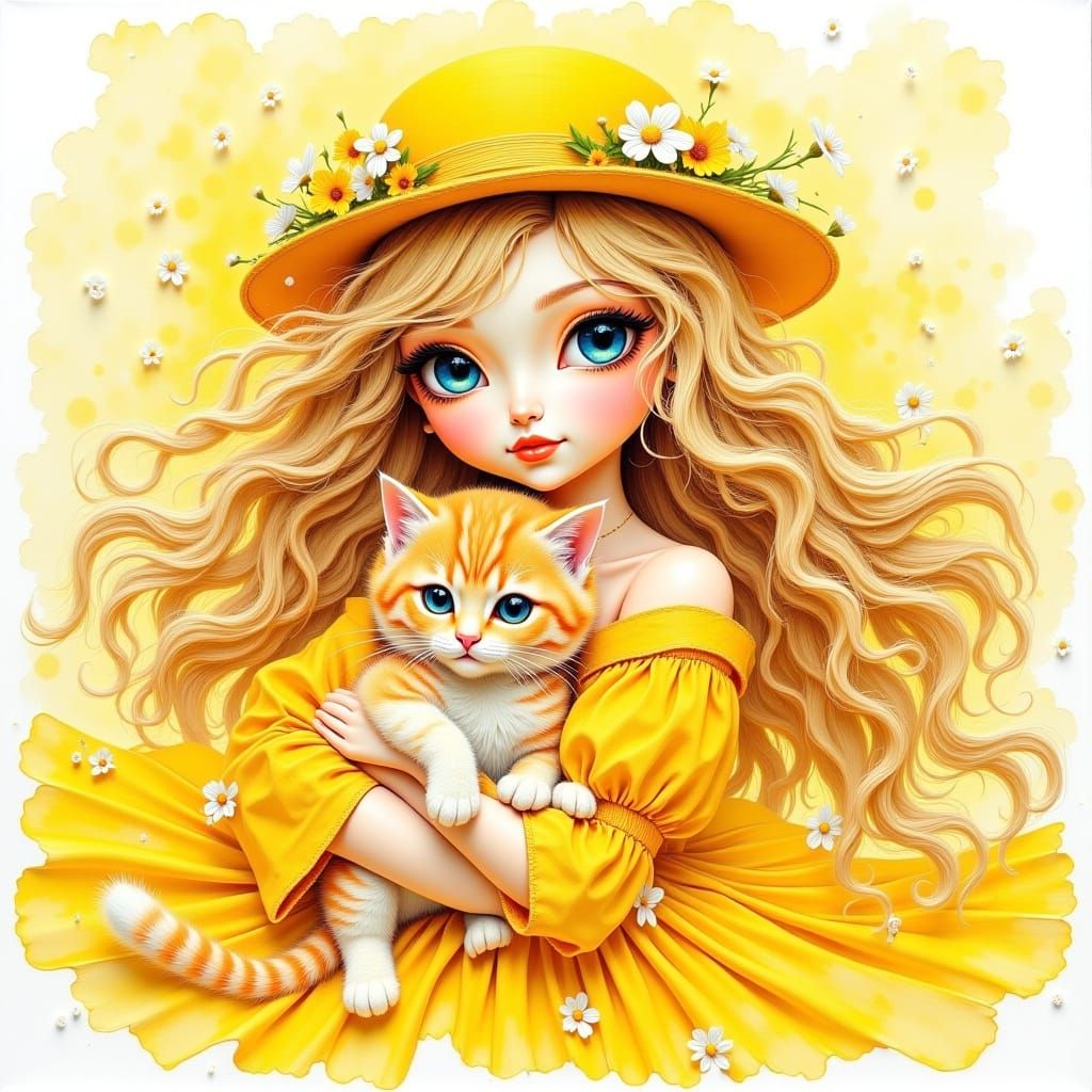 Woman and Kitten in a Yellow Watercolor World