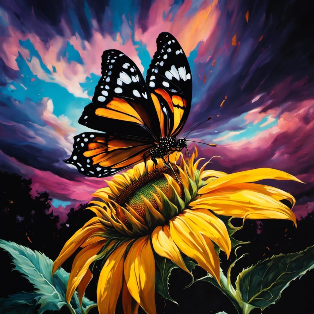 Vibrant Graffiti Butterfly Lands on a Sunflower