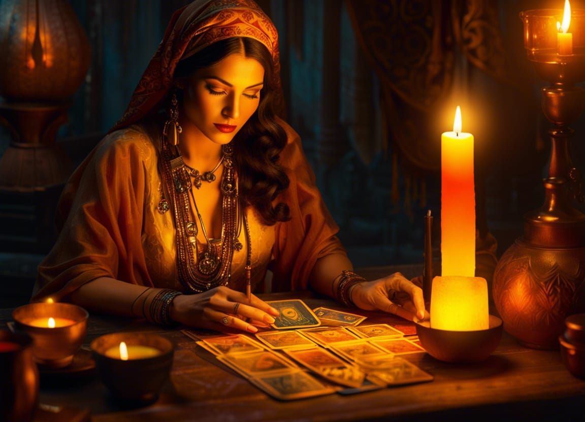 Mysterious Fortune Teller in Vibrant, Hyperrealistic Style