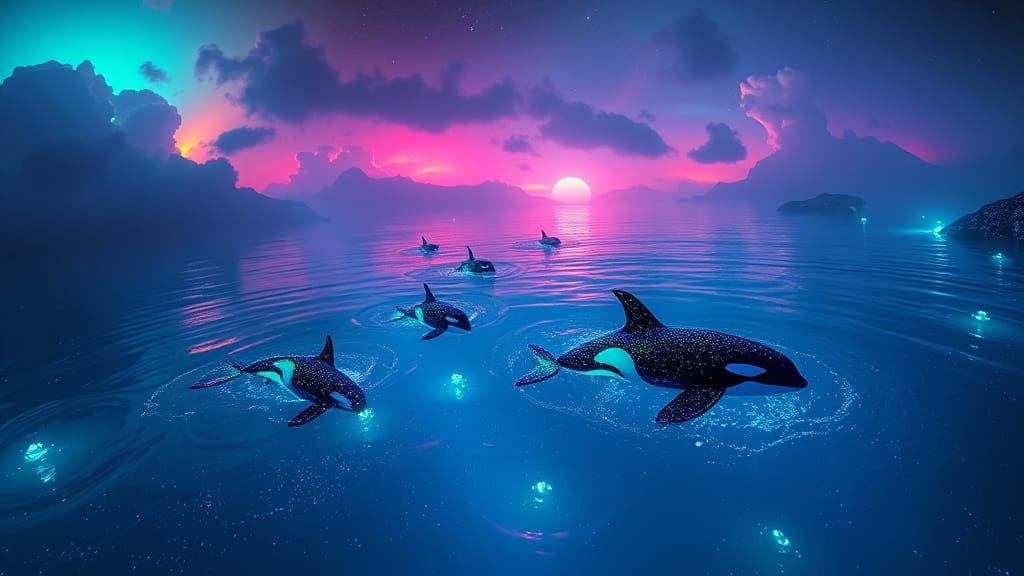 Bioluminescent Orcas in Crystalline Ocean, Fantasy Art
