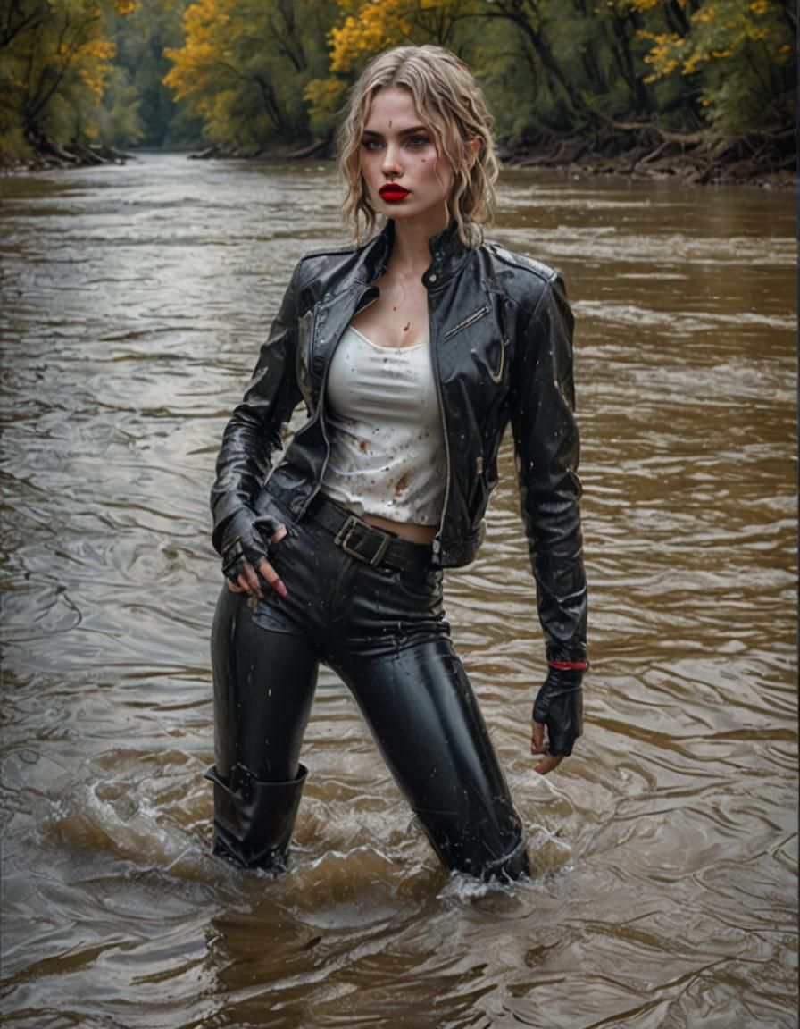 Glamorous Woman in Splashing Black Leather Jacket
